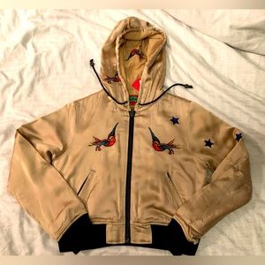 Gold/beige women silk zip up  hoodie, Queen/bird embroidery